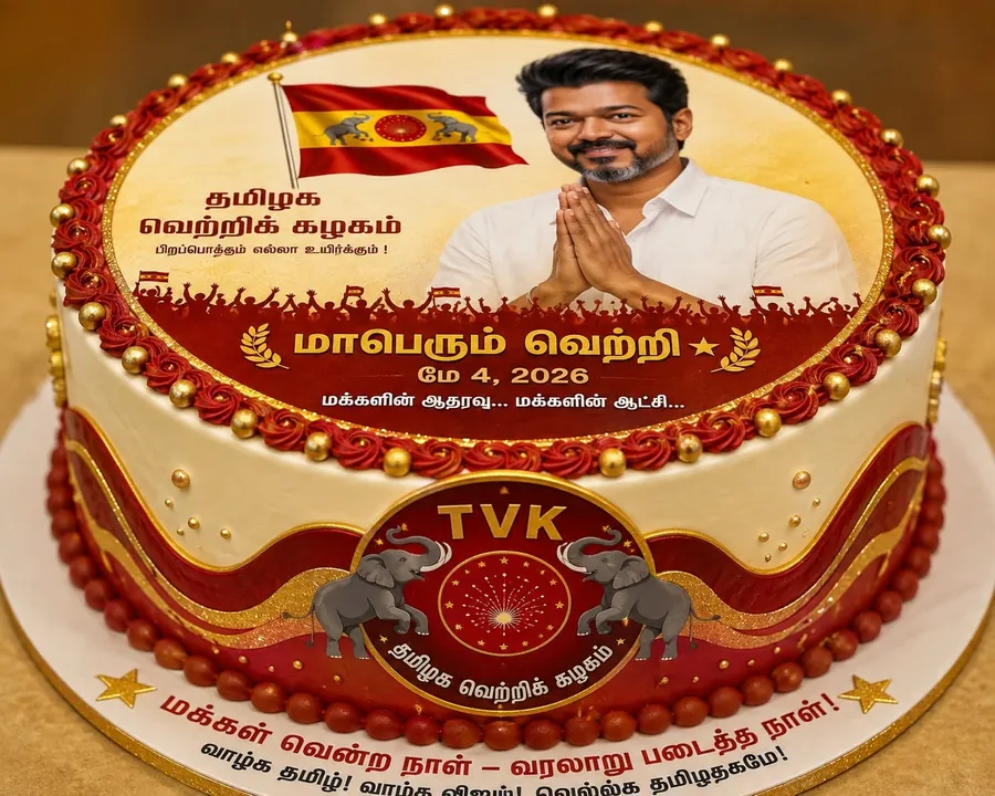 கொண்டாட்டத்திற்கான கேக் — கழகக் கொடி, கழகத் தலைவரின் படம், ‘மாபெரும் வெற்றி — மே 4, 2026’, ‘மக்கள் வென்ற நாள் — வரலாறு படைத்த நாள்’ வாசகங்களுடன்.